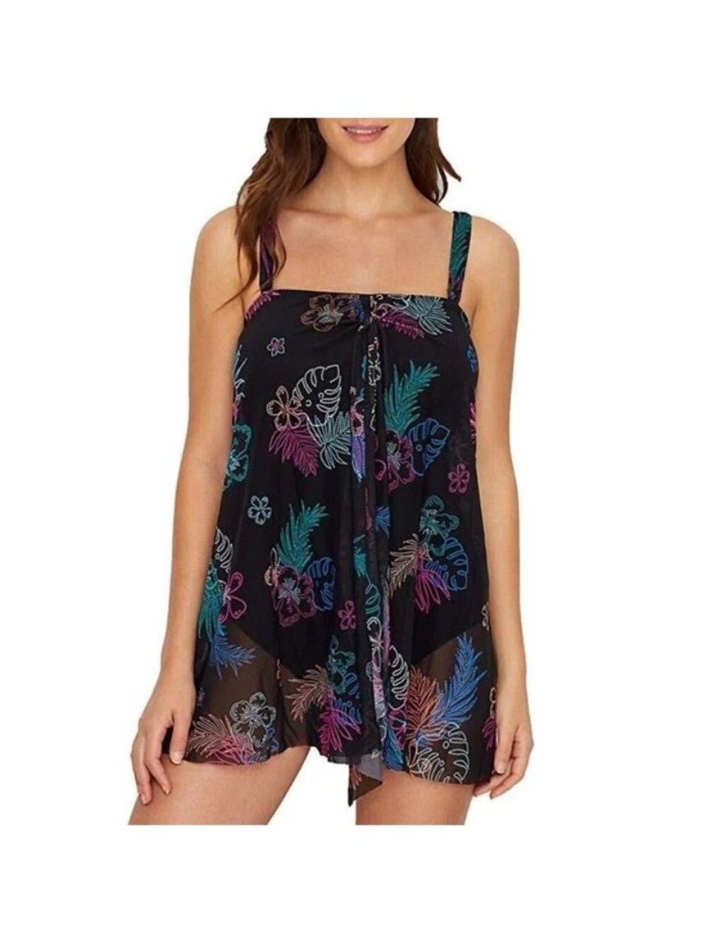 Coco Reef Womens Black Multicolor Tropical Print Swim Dress 36DD Bra-Sized